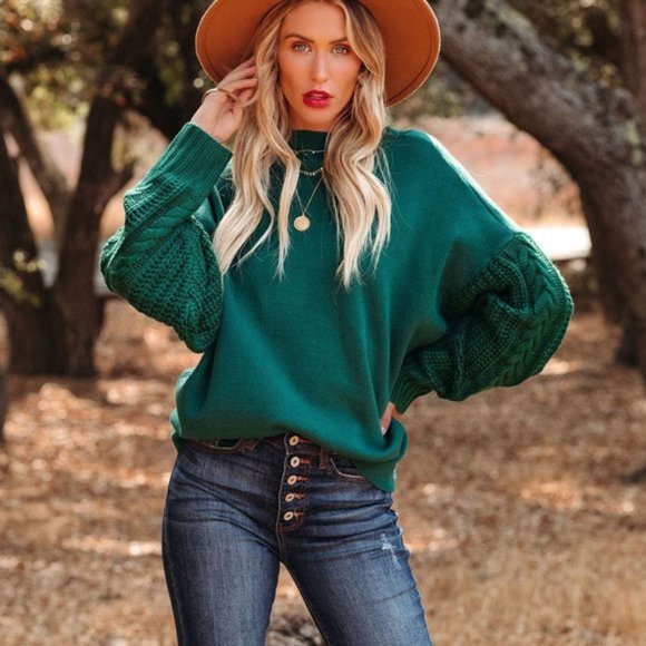 LUKE CONTRAST CABLE KNIT SWEATER - HUNTER GREEN - Picture 6 of 6